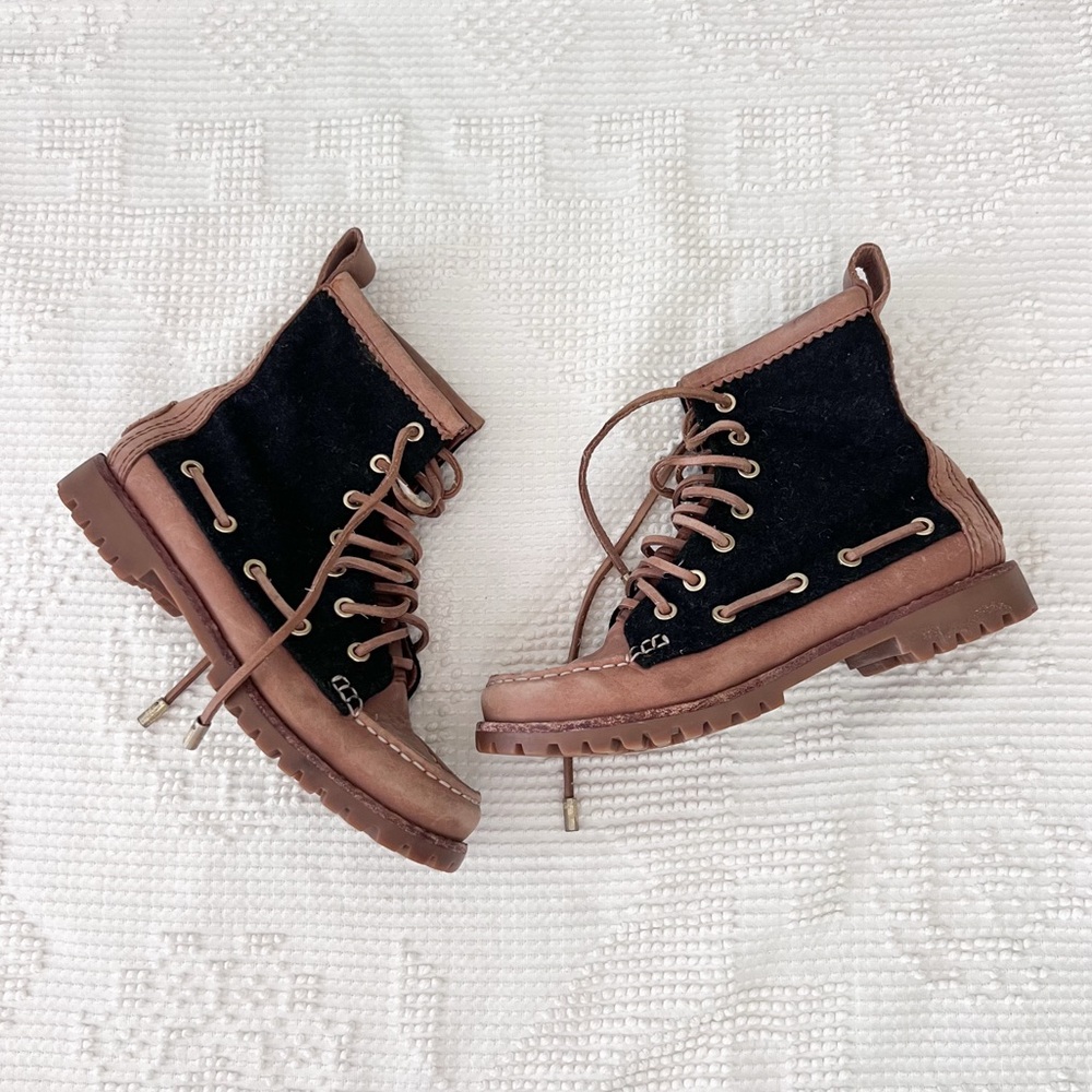 Tory Burch Amos Leather Wool Felt Lace Up Boots Loafer Boat